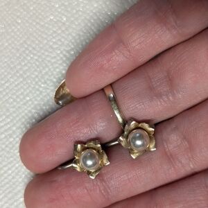 Elegant Gold And Silver Pearl Flower Earrings Screw On Costume